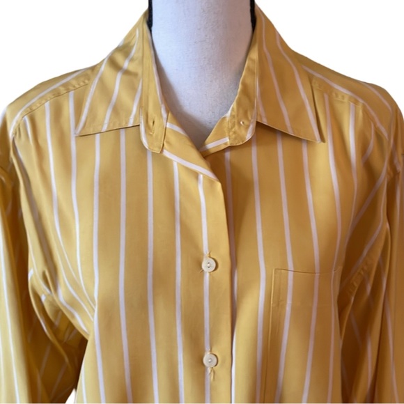 Robbie Bee Silk Yellow & White Striped Button Down Shirt Size Small - Picture 3 of 8
